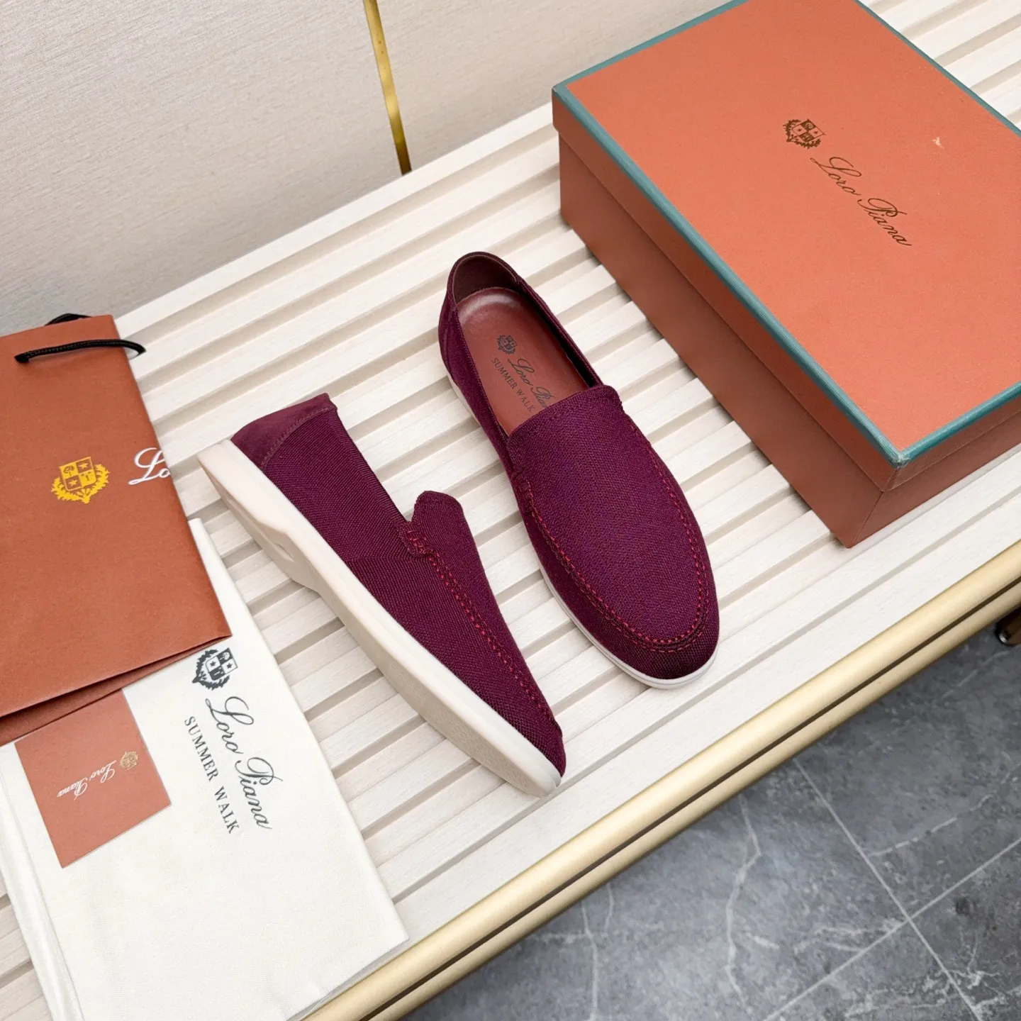 Men's Men's Shoes 💰400 Loro PIana moccasins are made of wish wool fabric. The upper is made of knitted fabric, made on a loom, and then attached to a rubber sole. The Rain System's water-repellent treatment enhances the shoe's functional design, while the suede details give the shoe a sense of elegance and sophistication. Made from Wish, fine wool from Australian and New Zealand Merino sheep